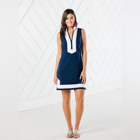 SAIL TO SABLE SLEEVELESS CLASSIC KNIT TUNIC DRESS - NAVY/WHITE - Picture 2 of 2